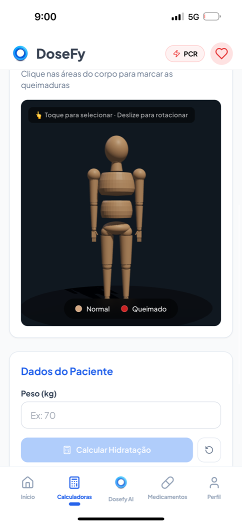 Tela do aplicativo Dosefy: Modelo corporal 3D