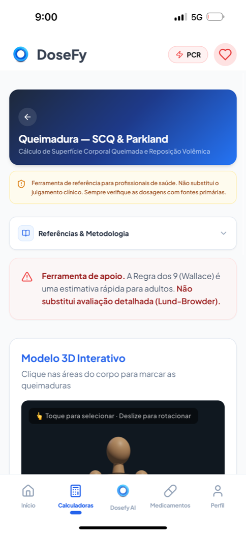 Tela do aplicativo Dosefy: Queimadura — SCQ & Parkland