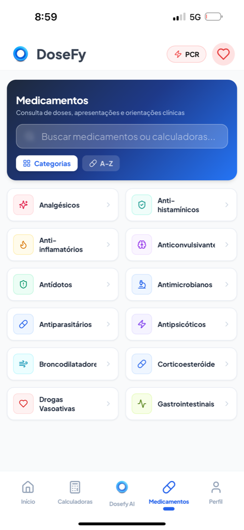 Tela do aplicativo Dosefy: Doses e apresentações organizadas.